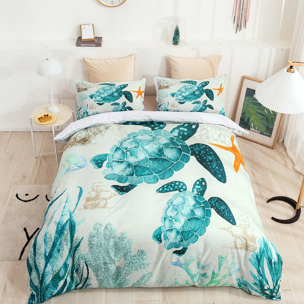 3D Watercolor Sea Turtle Coral Quilt Cover Set Bedding Set Duvet Cover Pillowcases 2- Jess Art Decoration