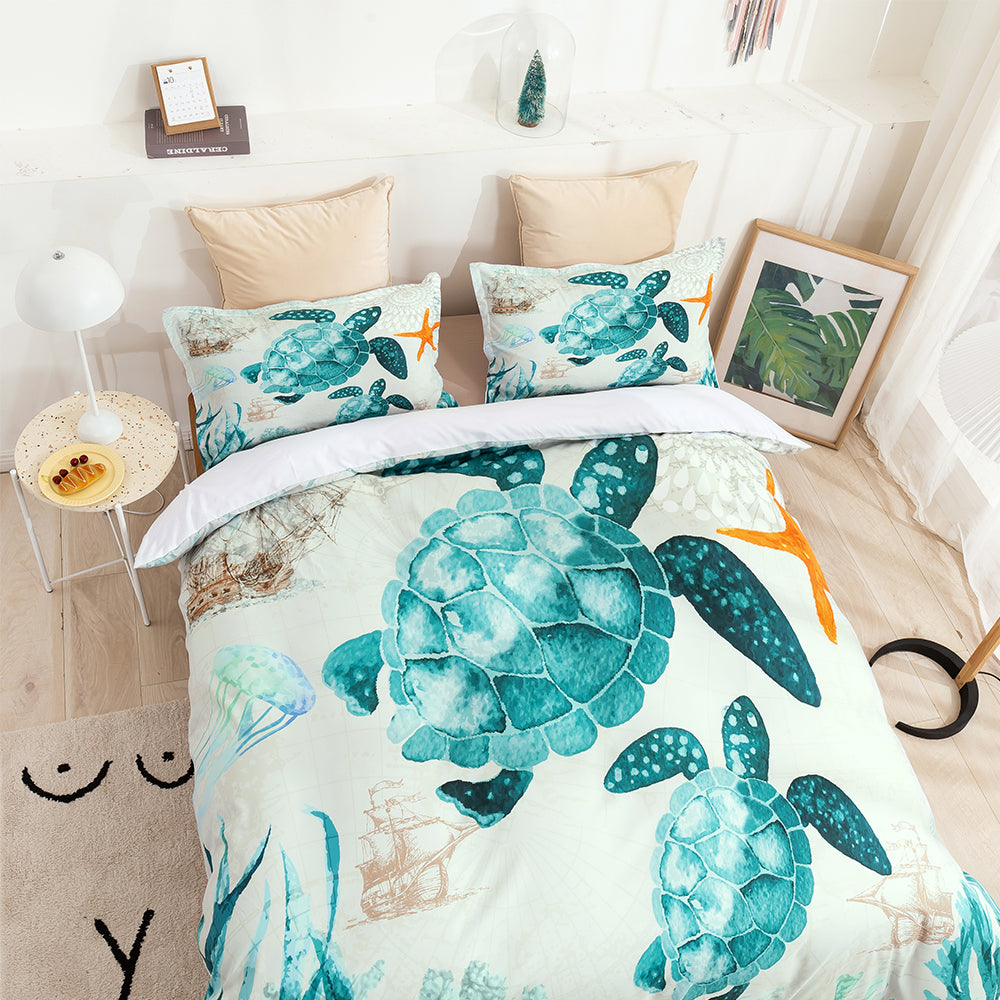 3D Watercolor Sea Turtle Coral Quilt Cover Set Bedding Set Duvet Cover Pillowcases 2- Jess Art Decoration