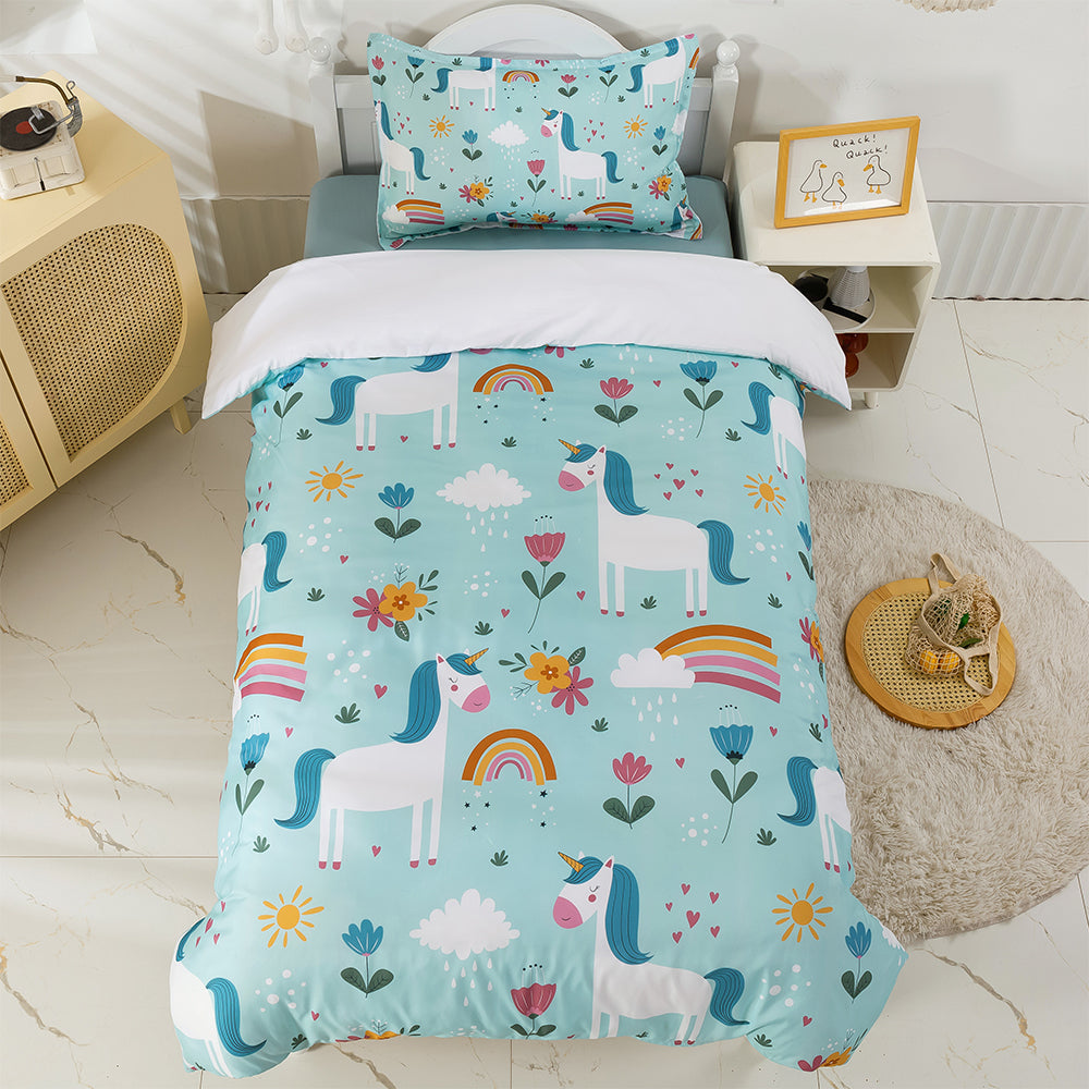 3D Cartoon Unicorn Floral Rainbow Quilt Cover Set Bedding Set Duvet Cover Pillowcases 374- Jess Art Decoration