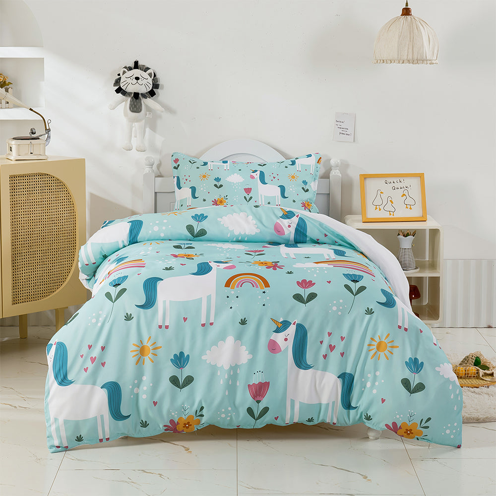 3D Cartoon Unicorn Floral Rainbow Quilt Cover Set Bedding Set Duvet Cover Pillowcases 374- Jess Art Decoration