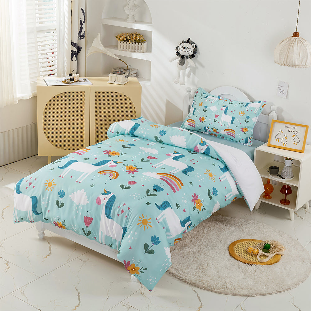 3D Cartoon Unicorn Floral Rainbow Quilt Cover Set Bedding Set Duvet Cover Pillowcases 374- Jess Art Decoration