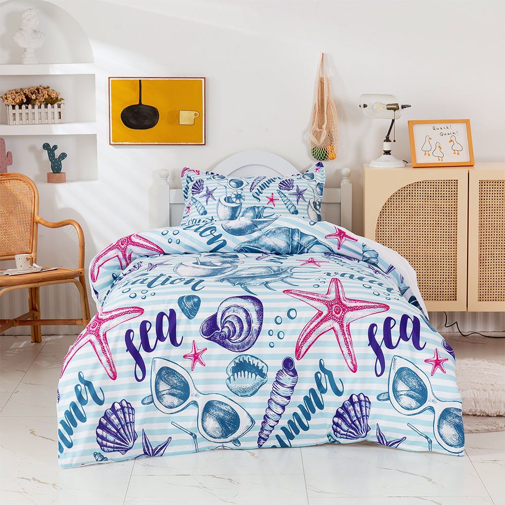 3D Conch Starfish Stripe Blue Quilt Cover Set Bedding Set Duvet Cover Pillowcases 389- Jess Art Decoration