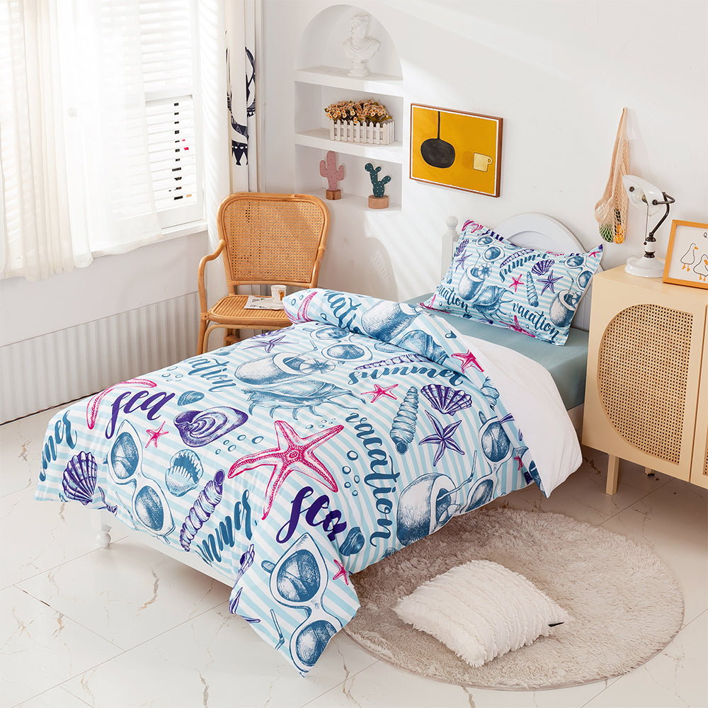3D Conch Starfish Stripe Blue Quilt Cover Set Bedding Set Duvet Cover Pillowcases 389- Jess Art Decoration