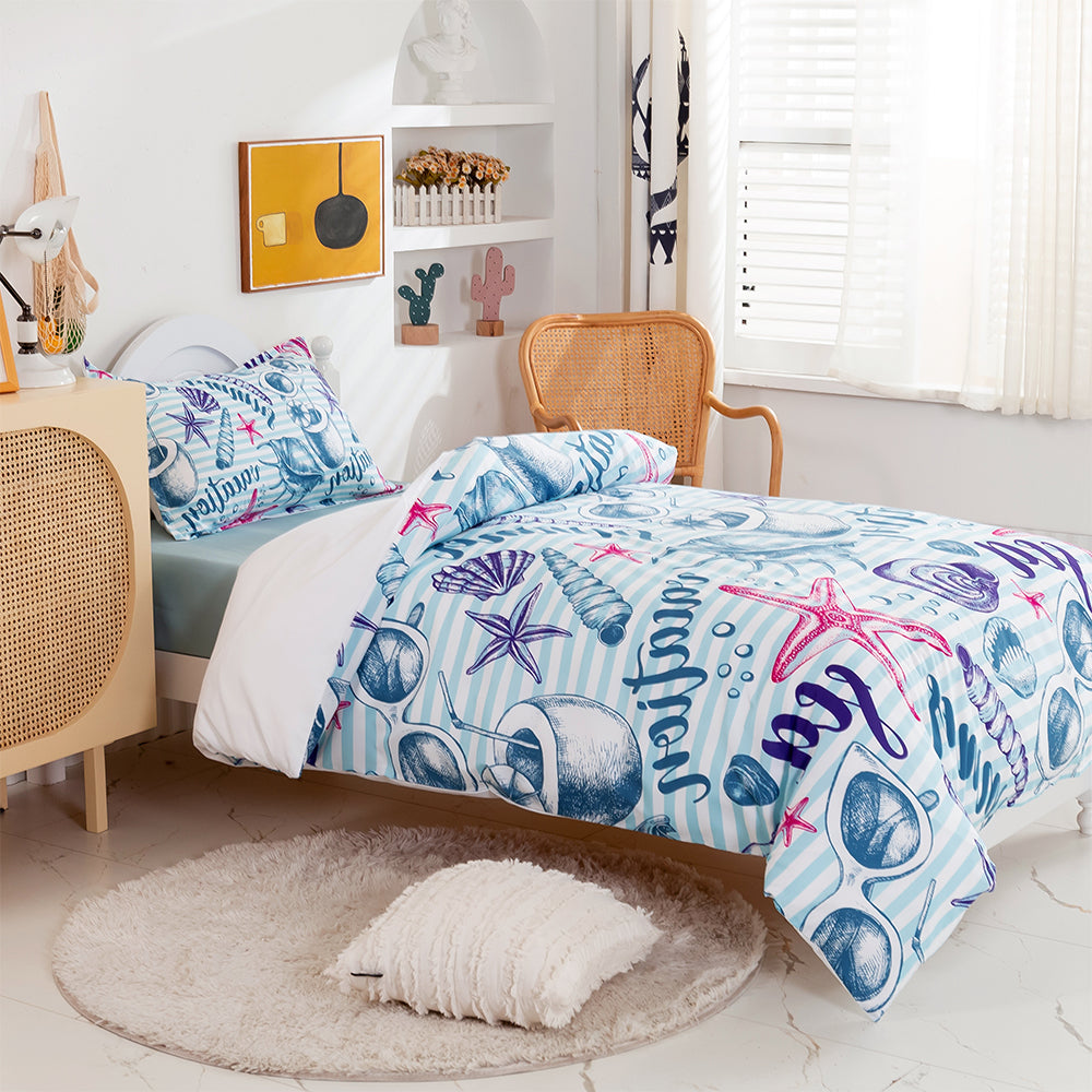 3D Conch Starfish Stripe Blue Quilt Cover Set Bedding Set Duvet Cover Pillowcases 389- Jess Art Decoration