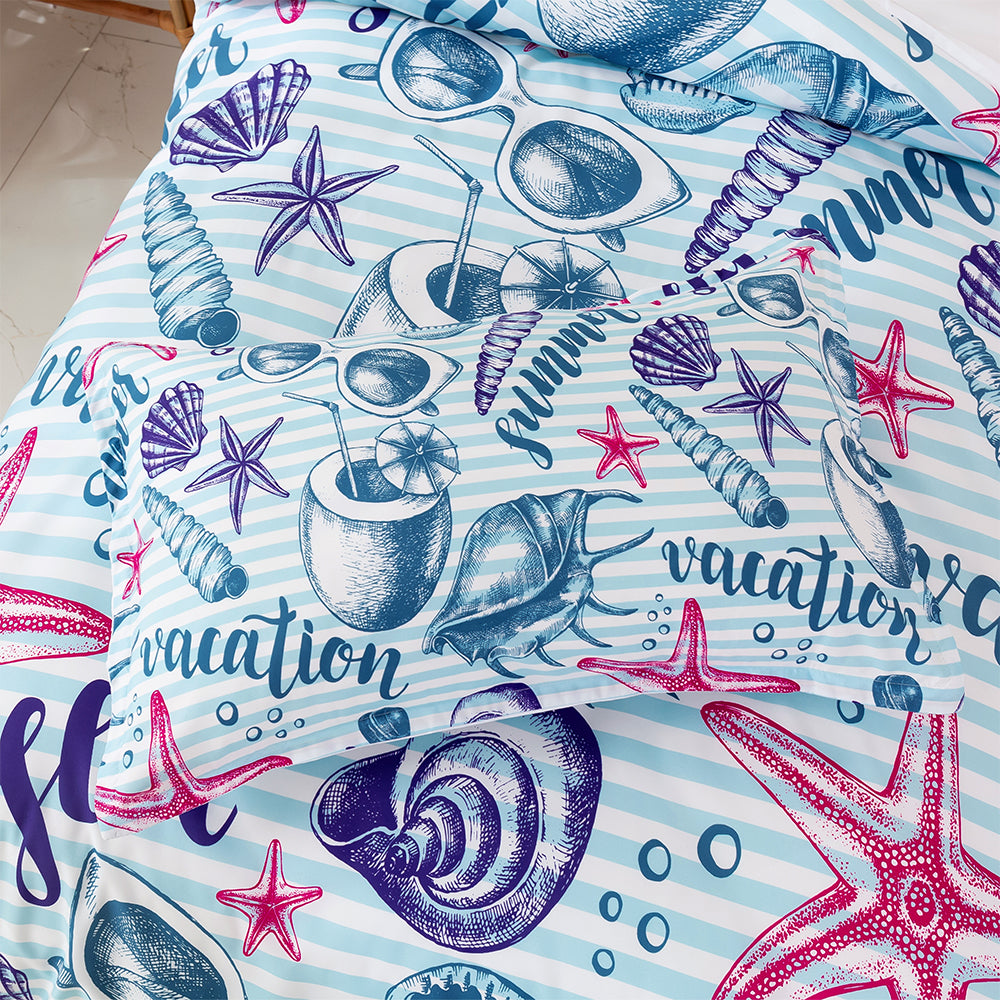 3D Conch Starfish Stripe Blue Quilt Cover Set Bedding Set Duvet Cover Pillowcases 389- Jess Art Decoration