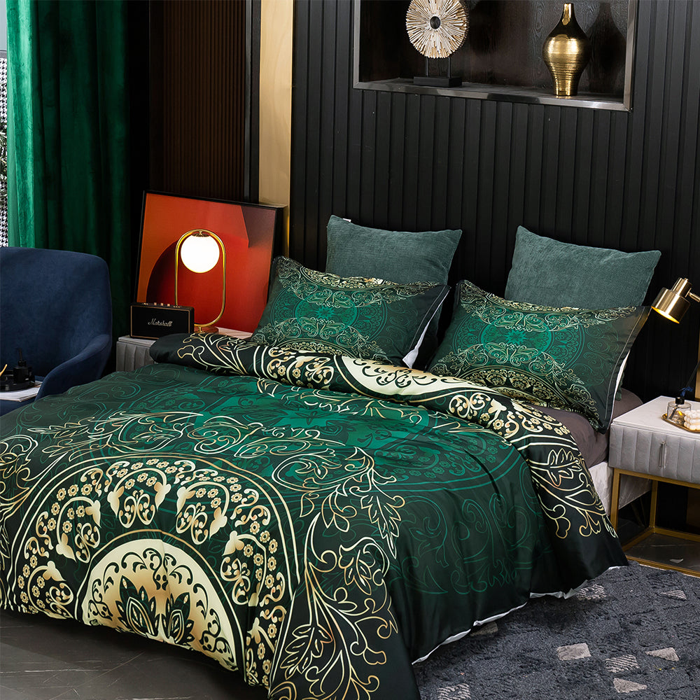 3D Medallion Green Gold Floral Quilt Cover Set Bedding Set Duvet Cover Pillowcases 135- Jess Art Decoration