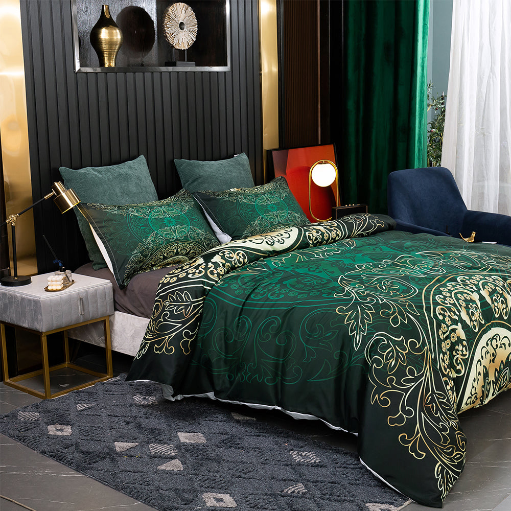 3D Medallion Green Gold Floral Quilt Cover Set Bedding Set Duvet Cover Pillowcases 135- Jess Art Decoration