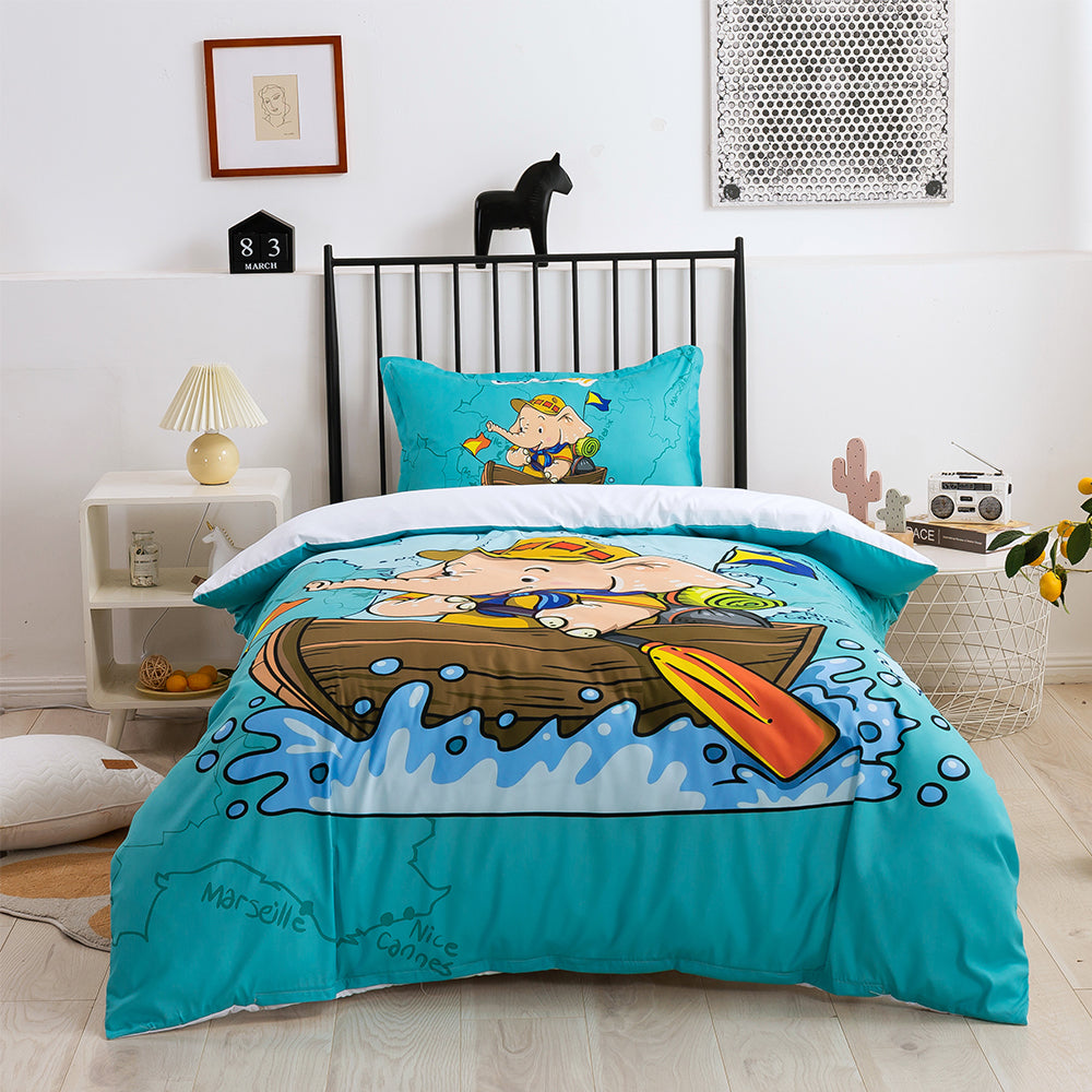 3D Elephant Boat Blue Cartoon Quilt Cover Set Bedding Set Duvet Cover Pillowcases 217- Jess Art Decoration