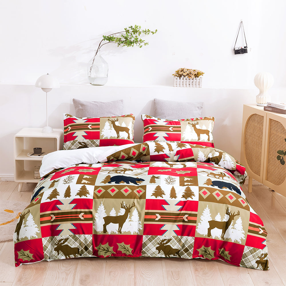 3D Deer Pine Tree Red Golden Christmas Quilt Cover Set Bedding Set Duvet Cover Pillowcases 464- Jess Art Decoration
