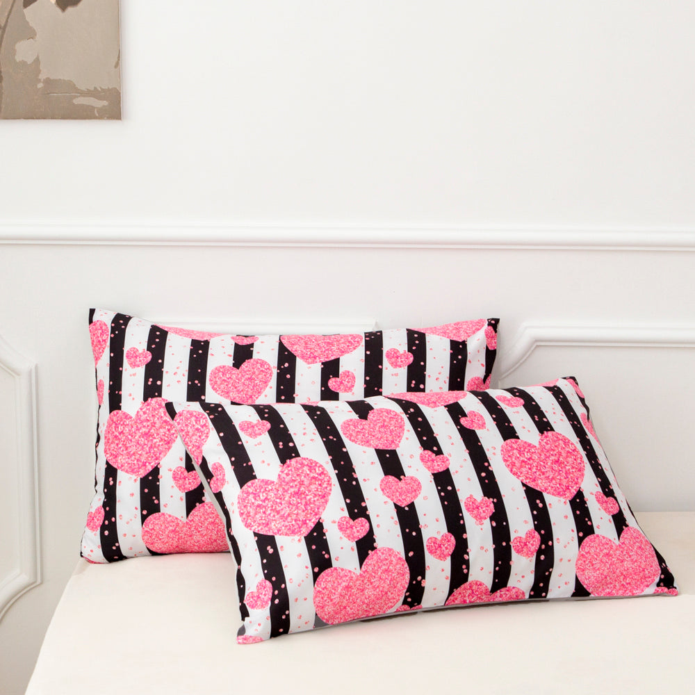 3D Pink Heart Black Stripe Quilt Cover Set Bedding Set Duvet Cover Pillowcases 514- Jess Art Decoration