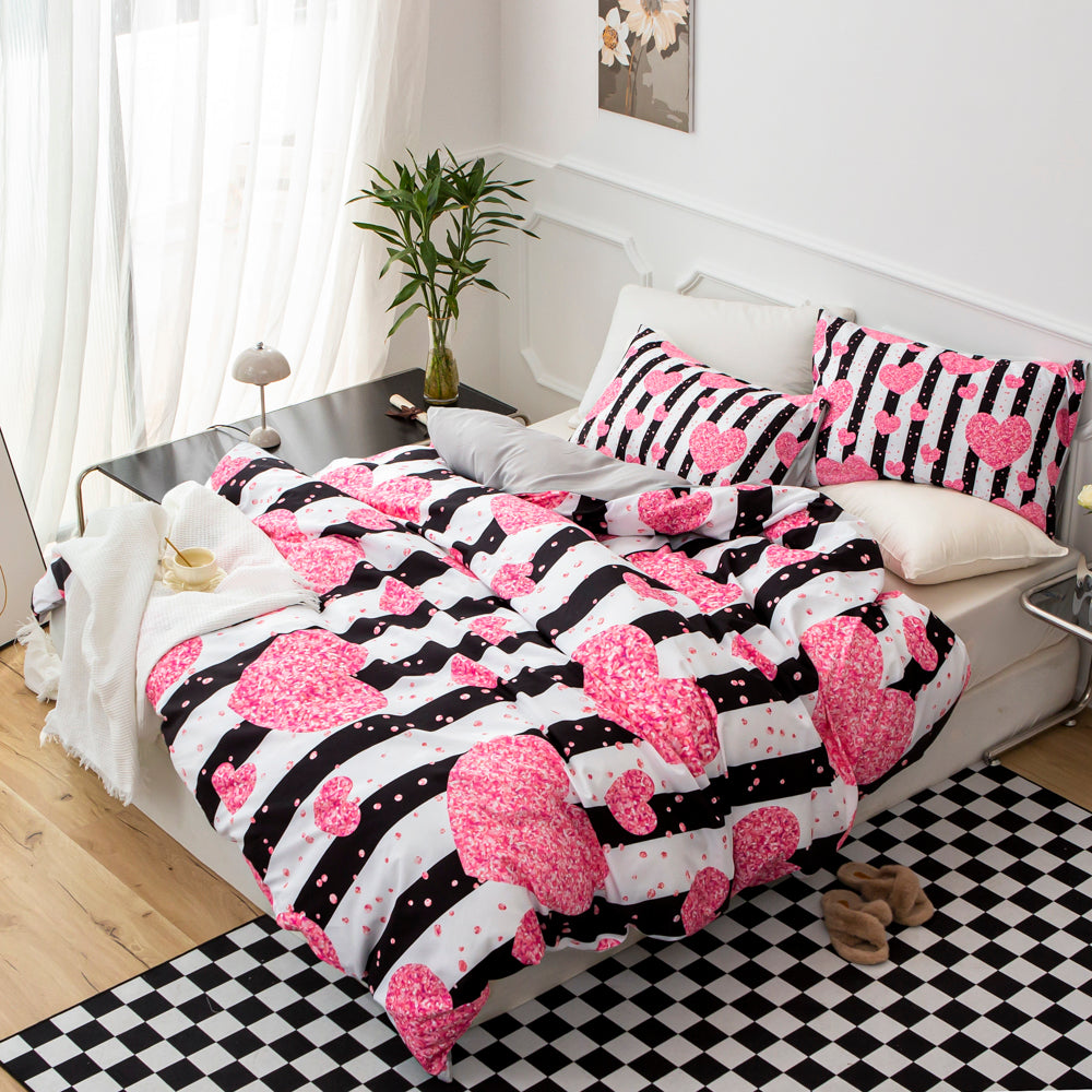 3D Pink Heart Black Stripe Quilt Cover Set Bedding Set Duvet Cover Pillowcases 514- Jess Art Decoration