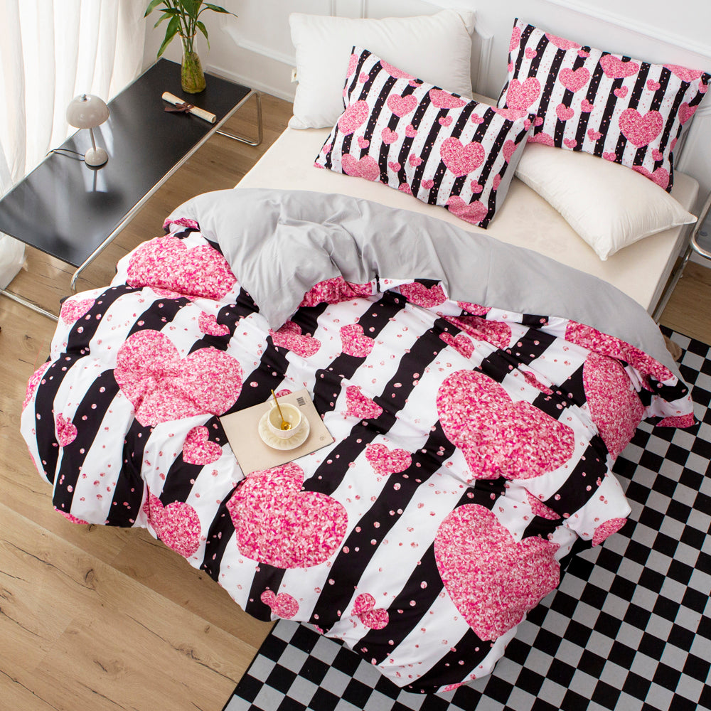 3D Pink Heart Black Stripe Quilt Cover Set Bedding Set Duvet Cover Pillowcases 514- Jess Art Decoration