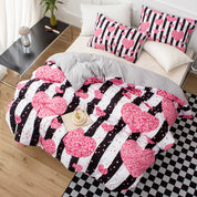 3D Pink Heart Black Stripe Quilt Cover Set Bedding Set Duvet Cover Pillowcases 514- Jess Art Decoration