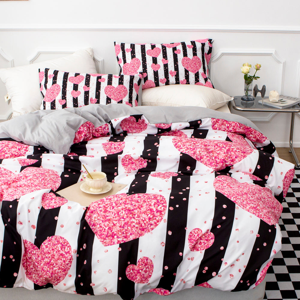 3D Pink Heart Black Stripe Quilt Cover Set Bedding Set Duvet Cover Pillowcases 514- Jess Art Decoration