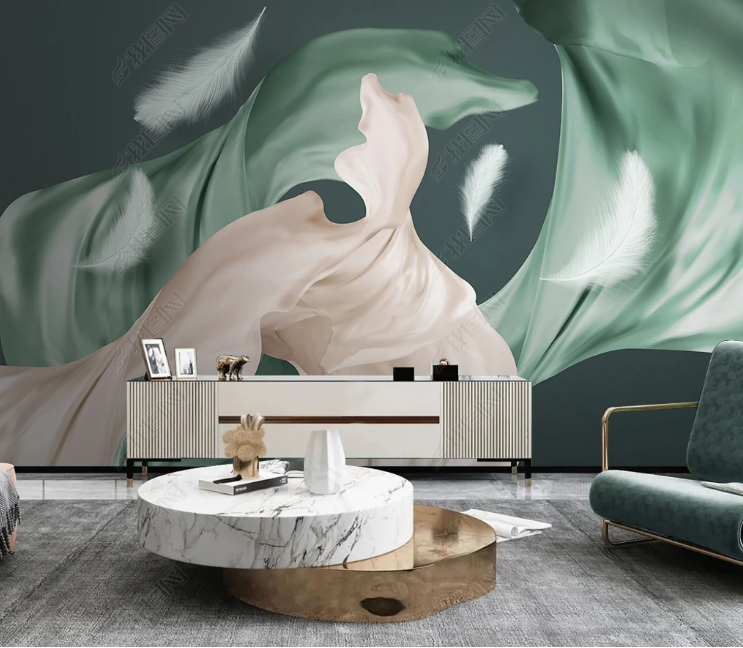 3D Feather Ripple Silk Grey Bean Green Wall Mural Wallpaper YXL 516- Jess Art Decoration