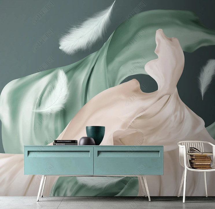 3D Feather Ripple Silk Grey Bean Green Wall Mural Wallpaper YXL 516- Jess Art Decoration