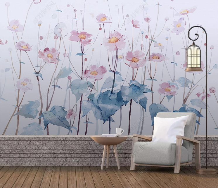 3D Freehand Sketching Floral Leaf Pink Wall Wall Mural Wallpaper YXL 549- Jess Art Decoration