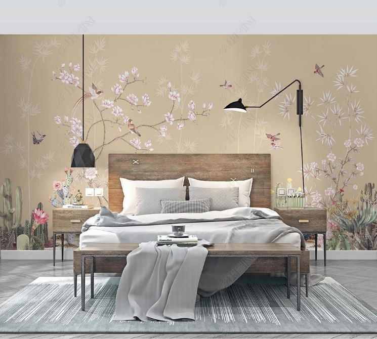 3D Freehand Sketching Tree Bird Floral Cactus Wall Mural Wallpaper YXL 565- Jess Art Decoration