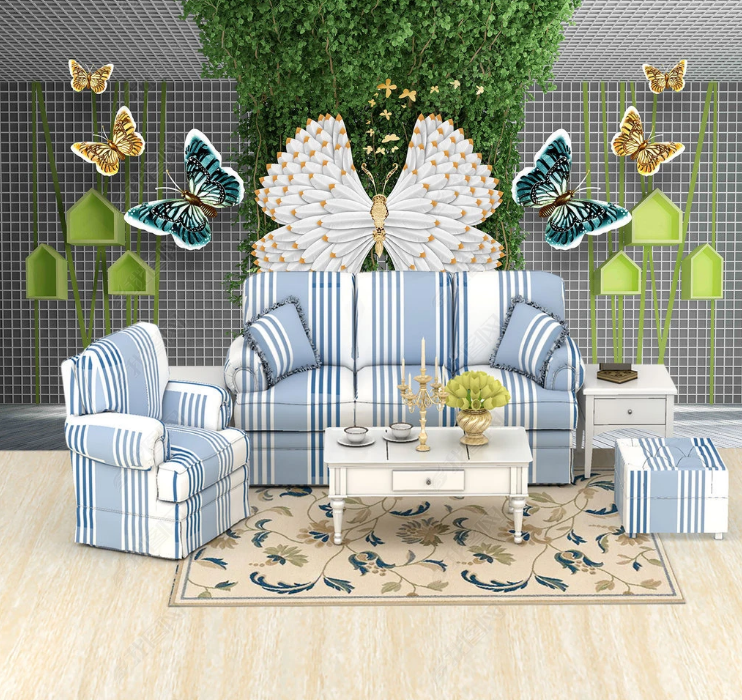 3D Animal Butterfly Line Green Wall Mural Wallpaper YXL 608- Jess Art Decoration