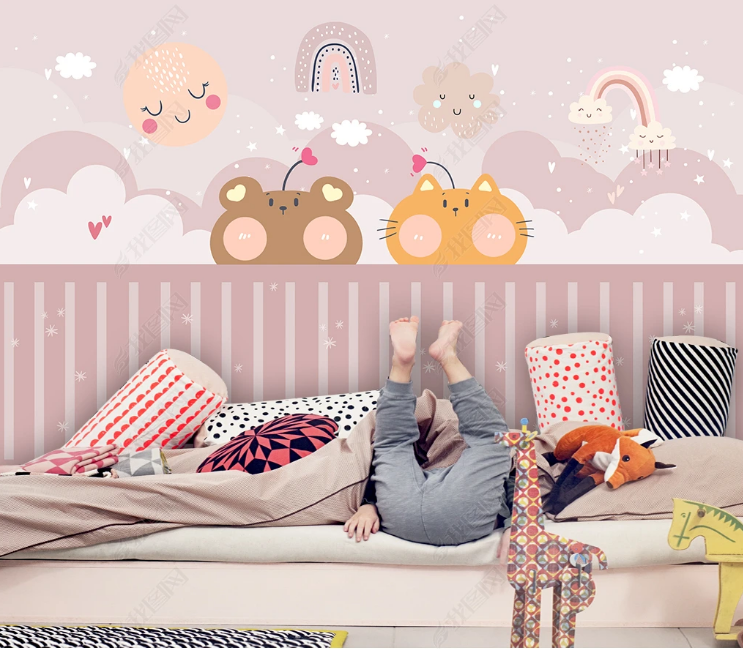 3D Cartoon Little Bear Cat Cloud Wall Mural Wallpaper YXL 618- Jess Art Decoration
