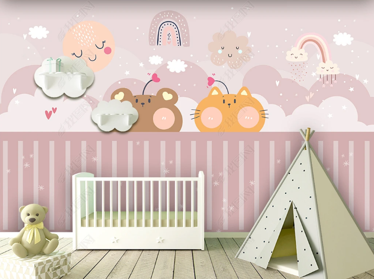 3D Cartoon Little Bear Cat Cloud Wall Mural Wallpaper YXL 618- Jess Art Decoration