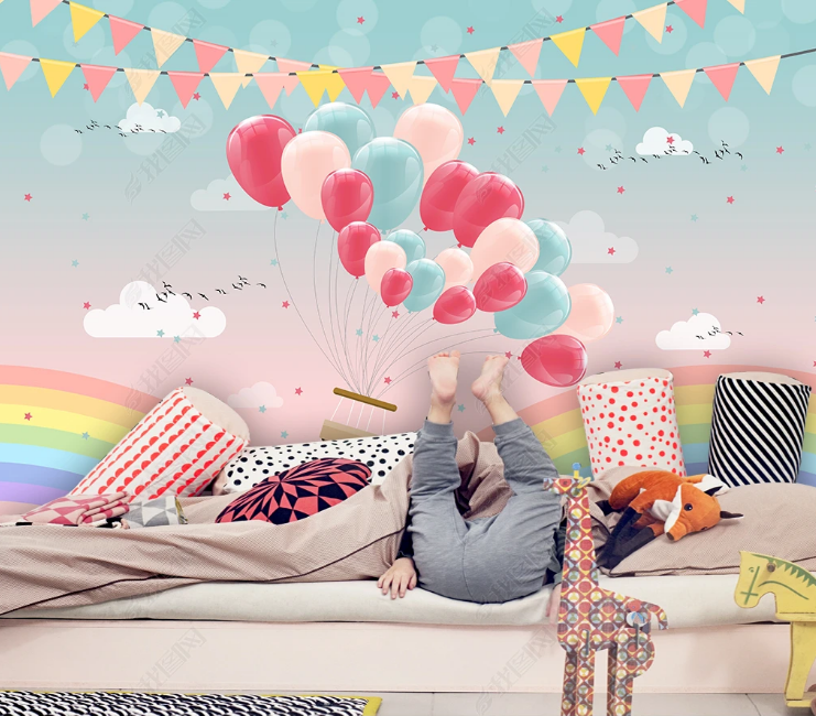 3D Cartoon Balloon Rainbow Cloud Bird Star Wall Mural Wallpaper YXL 626- Jess Art Decoration