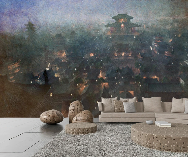 3D Oil painting Urban Architecture House Lamplight Wall Mural Wallpaper YXL 632- Jess Art Decoration