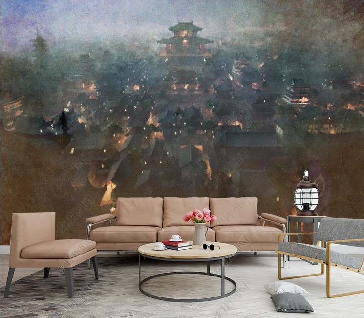3D Oil painting Urban Architecture House Lamplight Wall Mural Wallpaper YXL 632- Jess Art Decoration