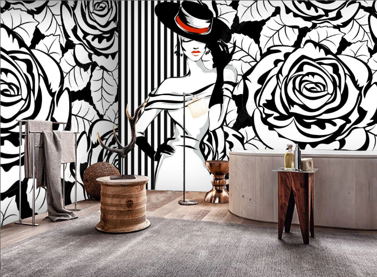 3D Floral Rose Person Leaf Black White Wall Mural Wallpaper YXL 668- Jess Art Decoration