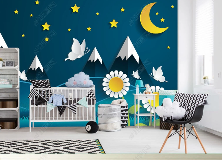 3D Cartoon Moon Star Butterfly Mountain Cloud Floral Wall Mural Wallpaper YXL 673- Jess Art Decoration