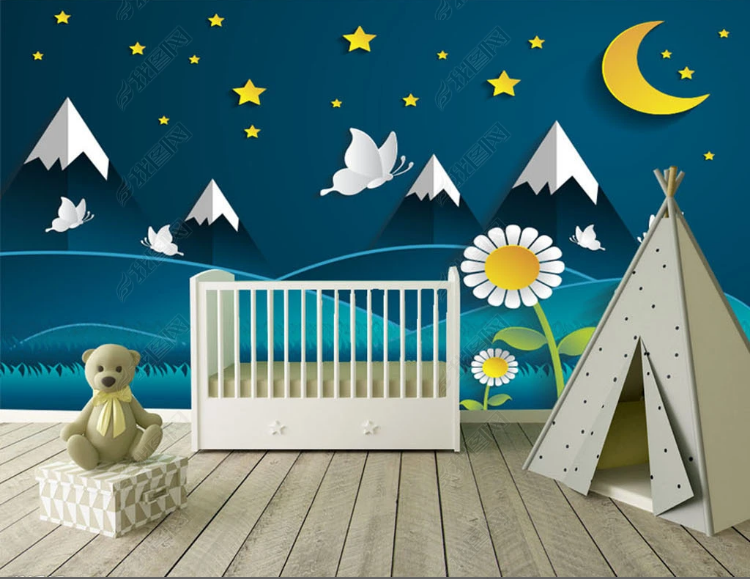 3D Cartoon Moon Star Butterfly Mountain Cloud Floral Wall Mural Wallpaper YXL 673- Jess Art Decoration