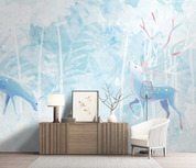 3D Animal Elk Blue Leaf Tree Wall Mural Wallpaper YXL 703- Jess Art Decoration