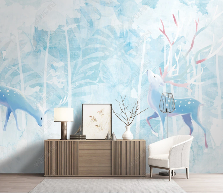 3D Animal Elk Blue Leaf Tree Wall Mural Wallpaper YXL 703- Jess Art Decoration