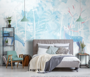 3D Animal Elk Blue Leaf Tree Wall Mural Wallpaper YXL 703- Jess Art Decoration