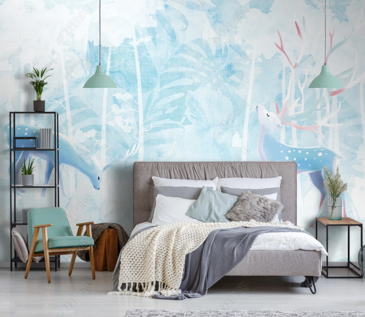 3D Animal Elk Blue Leaf Tree Wall Mural Wallpaper YXL 703- Jess Art Decoration