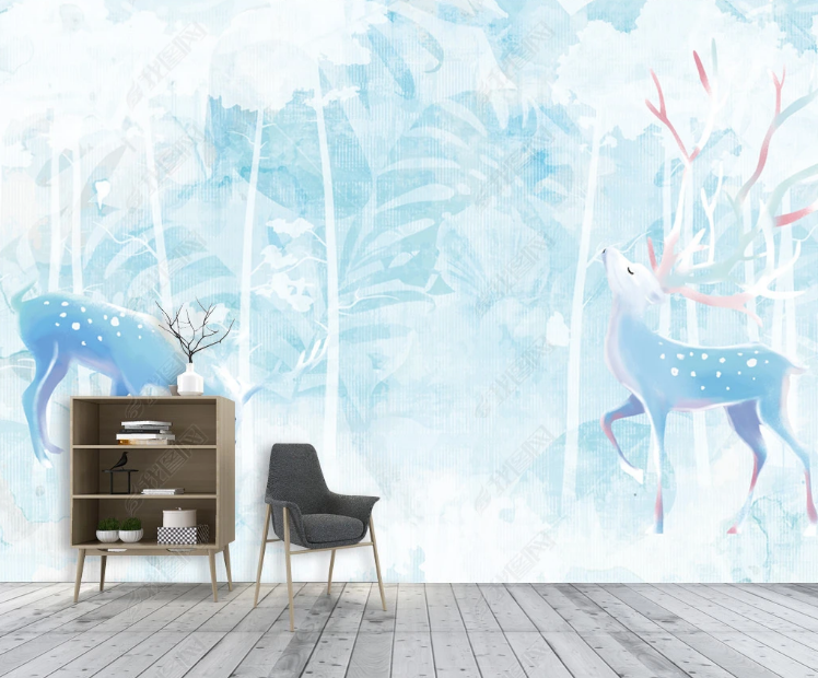 3D Animal Elk Blue Leaf Tree Wall Mural Wallpaper YXL 703- Jess Art Decoration