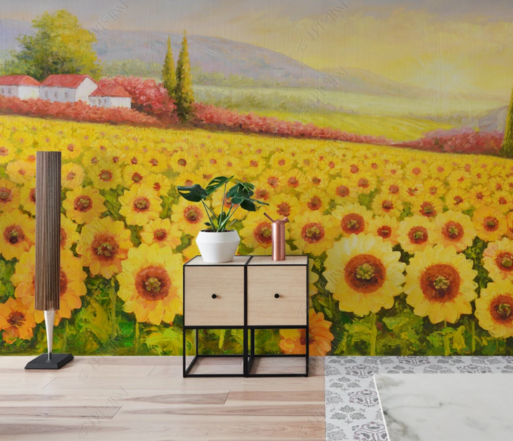 3D Oil painting Sunflower House Tree Yellow Wall Mural Wallpaper YXL 741- Jess Art Decoration