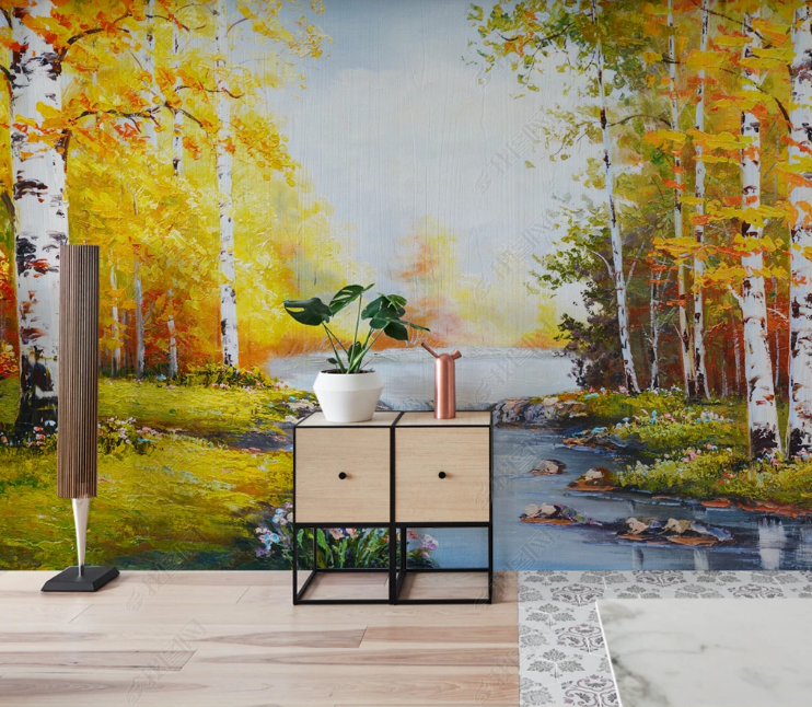 3D Scenery Forest River Yellow Trunk Wall Mural Wallpaper YXL 747- Jess Art Decoration
