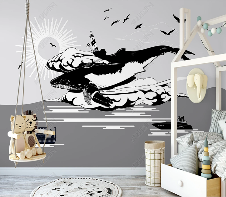 3D Animal Whale Black Sea Mew Sun Ocean Wall Mural Wallpaper YXL 803- Jess Art Decoration