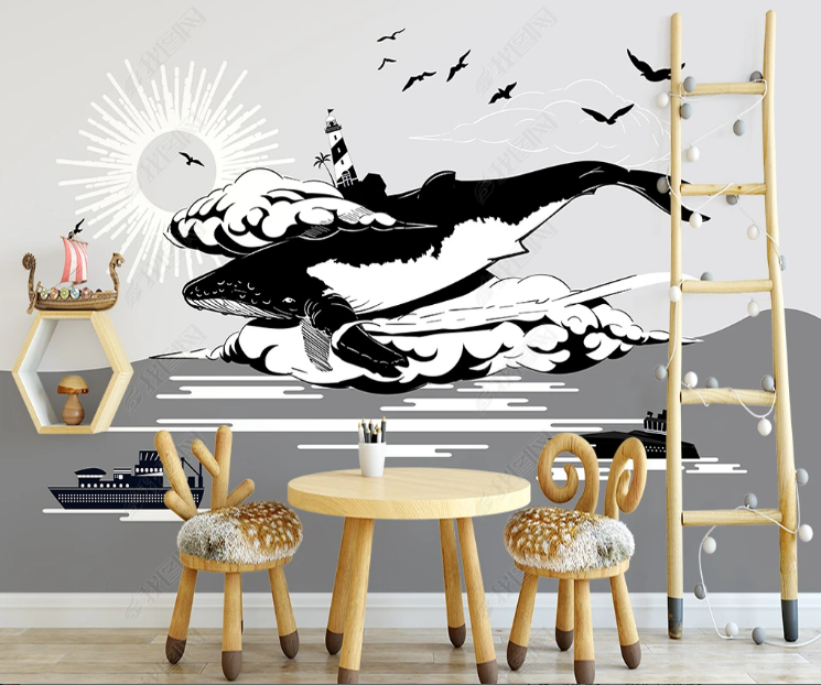 3D Animal Whale Black Sea Mew Sun Ocean Wall Mural Wallpaper YXL 803- Jess Art Decoration