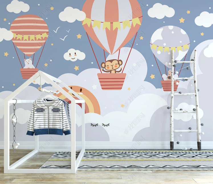 3D Cartoon Hydrogen Balloon Cloud Monkey Bear Star Wall Mural Wallpaper YXL 815- Jess Art Decoration
