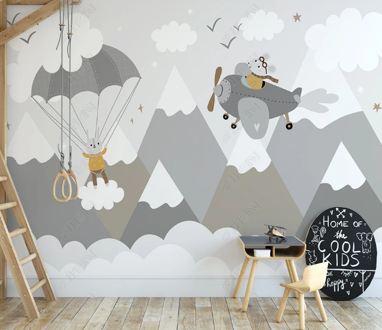 3D Cartoon Aircraft Mountain Hydrogen Balloon Bird Mouse Wall Mural Wallpaper YXL 824- Jess Art Decoration