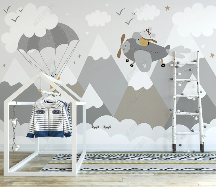 3D Cartoon Aircraft Mountain Hydrogen Balloon Bird Mouse Wall Mural Wallpaper YXL 824- Jess Art Decoration