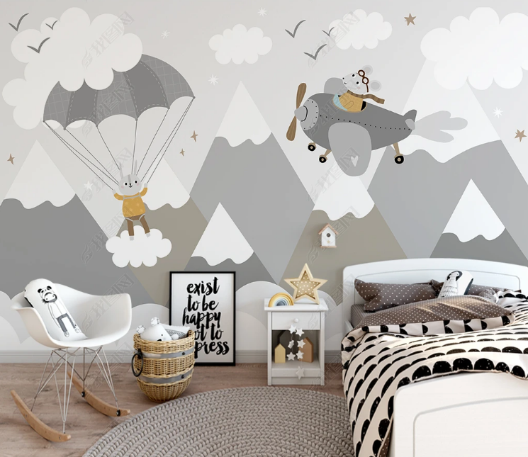 3D Cartoon Aircraft Mountain Hydrogen Balloon Bird Mouse Wall Mural Wallpaper YXL 824- Jess Art Decoration