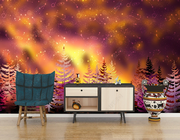 3D Starry Sky Forest Red Star Wall Mural Wallpaper YXL 859- Jess Art Decoration