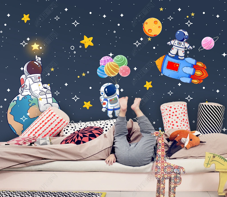 3D Cartoon Spaceman The Earth Star Balloon Wall Mural Wallpaper YXL 865- Jess Art Decoration