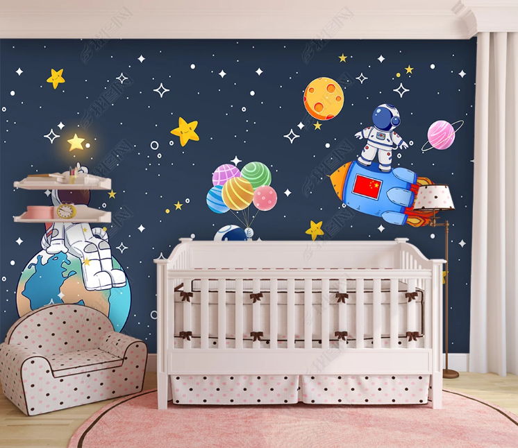 3D Cartoon Spaceman The Earth Star Balloon Wall Mural Wallpaper YXL 865- Jess Art Decoration