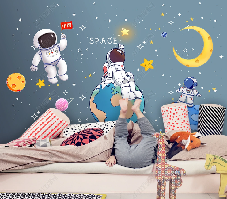 3D Cartoon Spaceman Moon Star The Earth Wall Mural Wallpaper YXL 867- Jess Art Decoration