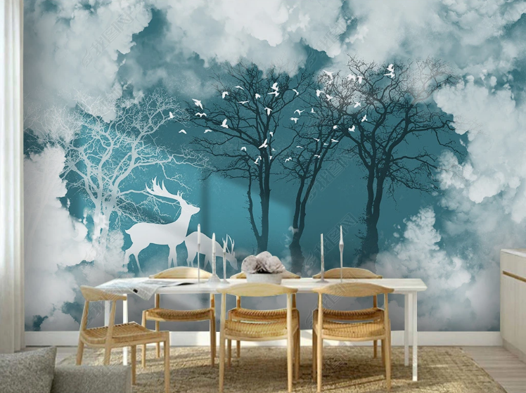 3D Scenery Elk Tree Bird Fog Wall Mural Wallpaper YXL 879- Jess Art Decoration