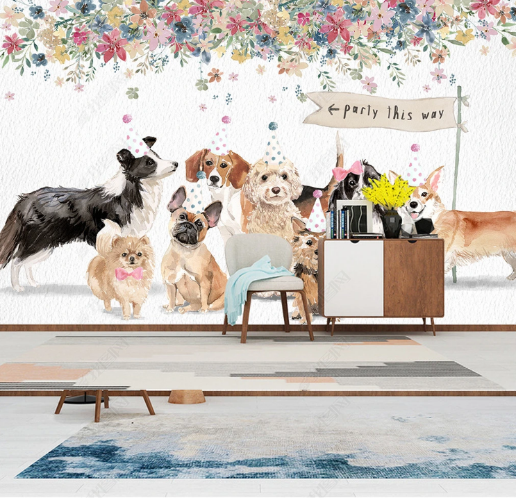 3D Animal Dog Flower Wall Mural Wallpaper YXL 890- Jess Art Decoration